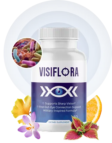 VisiFlora dietary supplement bottle for gut-eye connection and sharp vision support